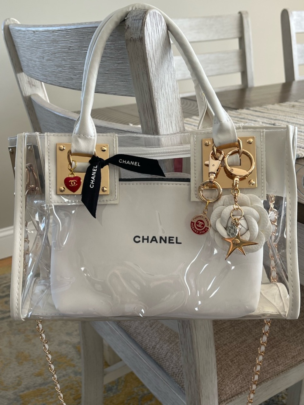 Custom Upcycled Chanel Beauté Clear Bag w Authentic Charms, Ribbon & Makeup Bag - Picture 3 of 16